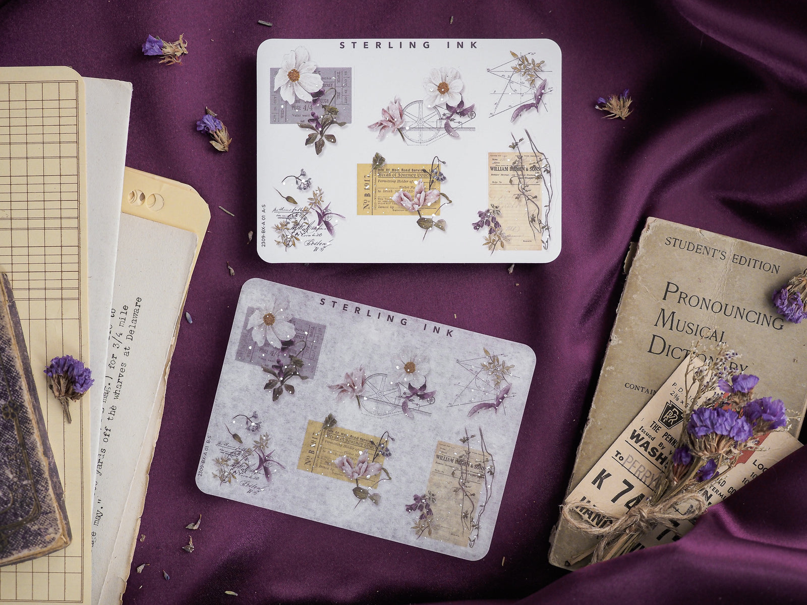Detailed botanical stickers featuring intricate floral arrangements and printed designs with silver accents on a crisp white background.