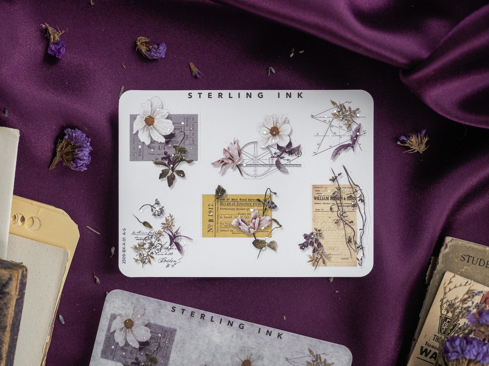 Vintage floral sticker set with botanical motifs, featuring pressed flowers, antique stamps, and aged paper designs with delicate silver foil accents.