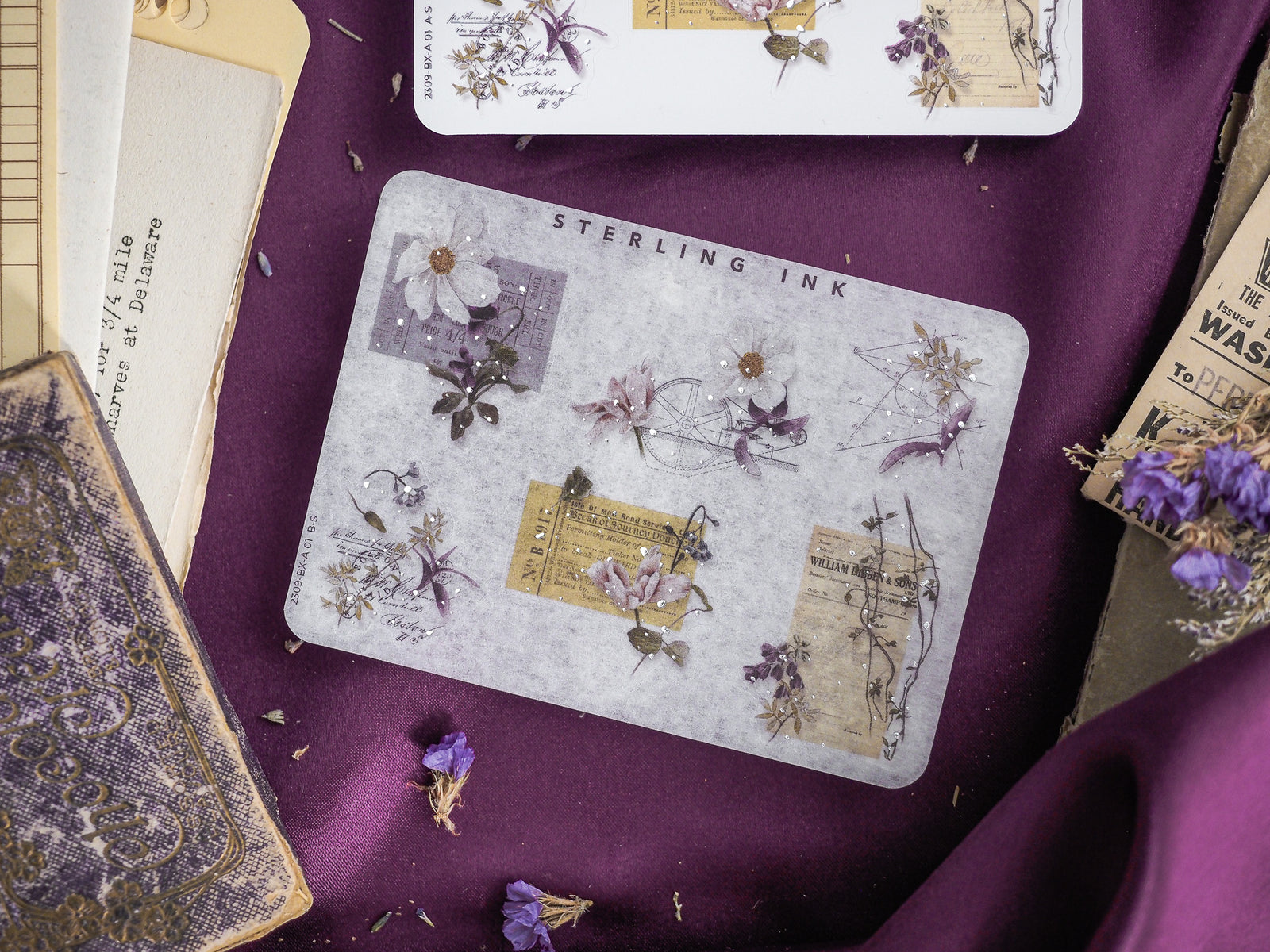 Vintage aesthetic sticker set featuring faded sepia paper, delicate pressed botanical elements, and decorative aged corner accents.