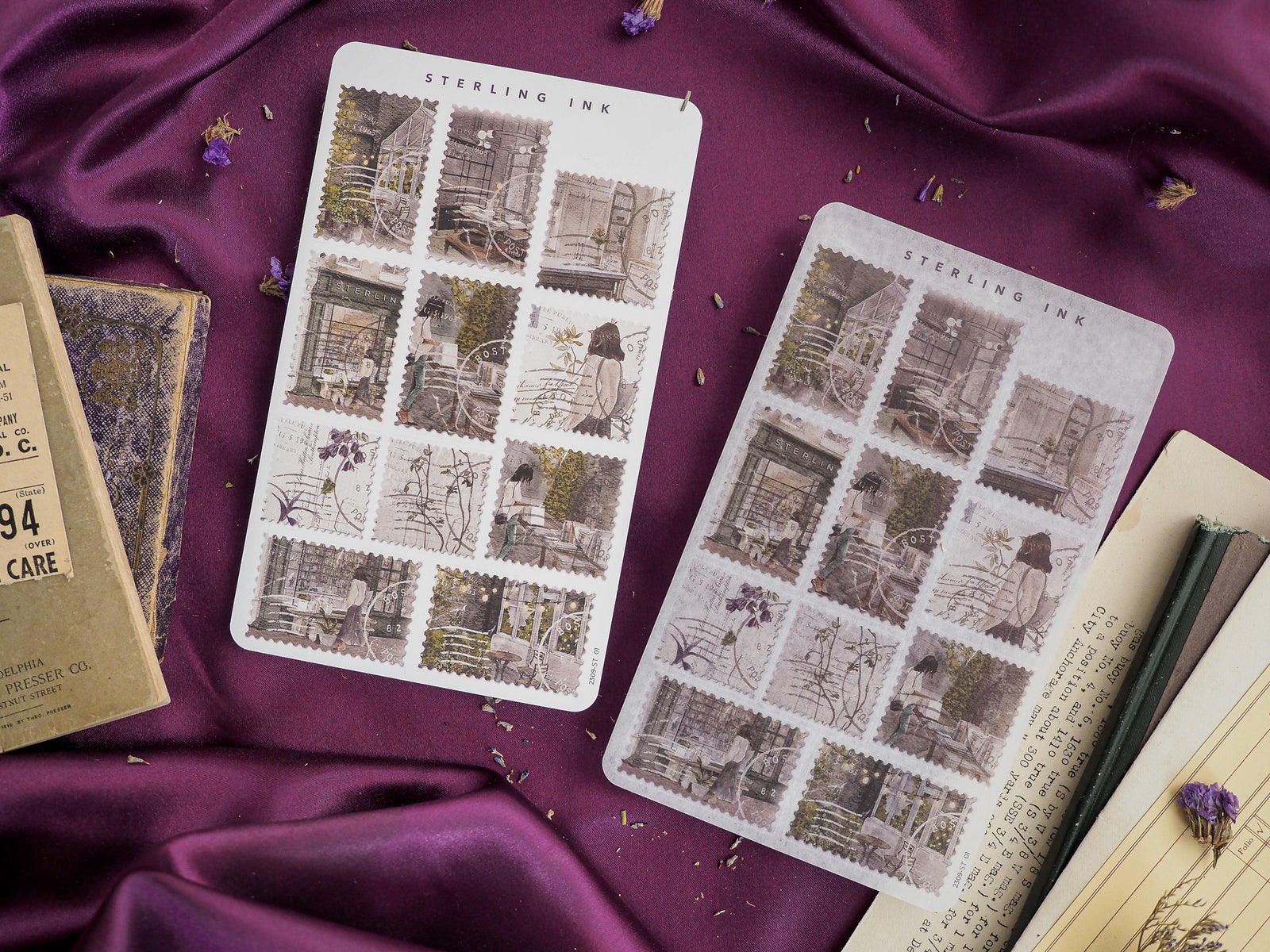 Vintage sepia-toned sticker sheets featuring a gridded pattern of architectural vignettes, historic doorways, and quaint street scenes.