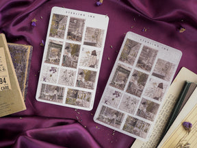 Vintage sepia-toned sticker sheets featuring a gridded pattern of architectural vignettes, historic doorways, and quaint street scenes.