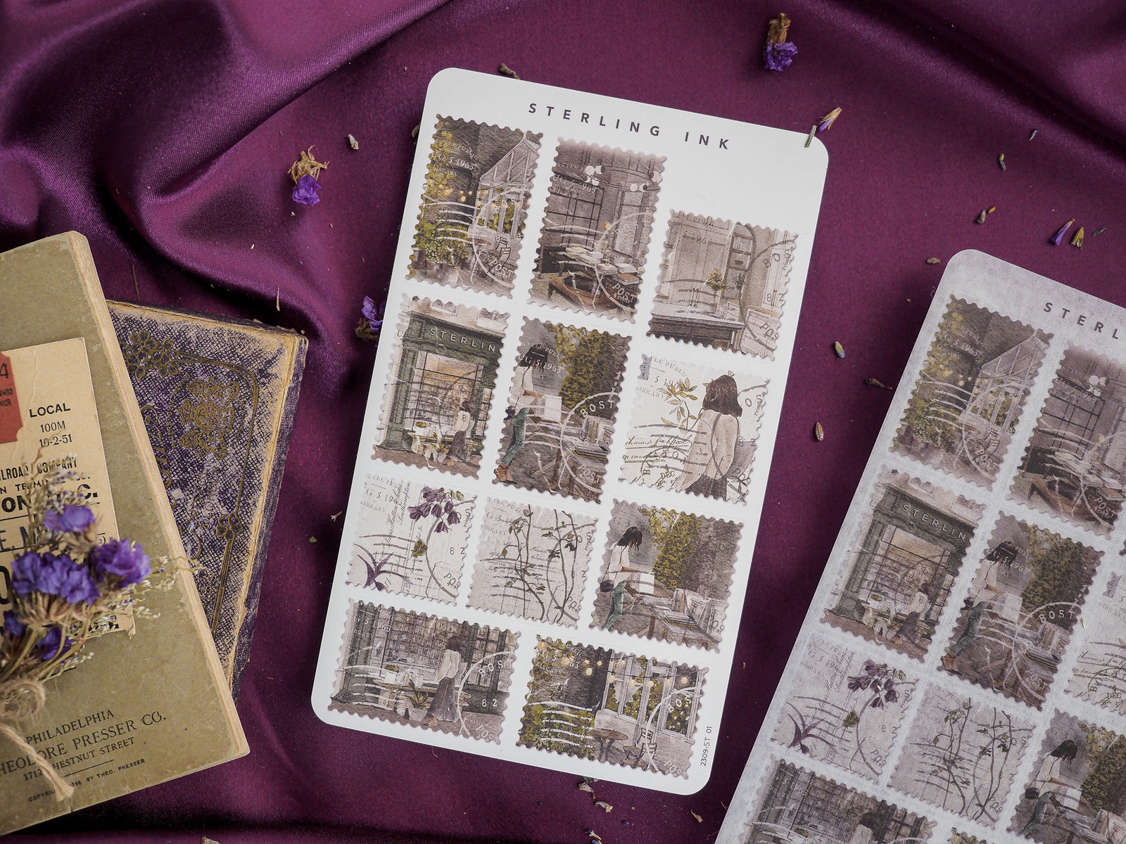 September 2023 sheet stickers featuring romantic, vintage-style illustrations of old city architecture and charming, historical street scenes.