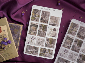 September 2023 sheet stickers featuring romantic, vintage-style illustrations of old city architecture and charming, historical street scenes.