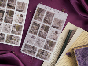 Decorative sticker sheet featuring sepia-toned architectural designs of quaint Parisian windows, facades, and vintage European street scenes.