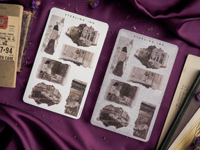 Sepia-toned, distressed sticker sheets featuring a grid of vintage, torn paper images of historical buildings, perfect for scrapbooking or journaling.