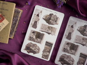 Vintage-themed set of torn paper stickers featuring distressed, sepia-toned images of antique architecture and buildings, perfect for journaling and crafting.