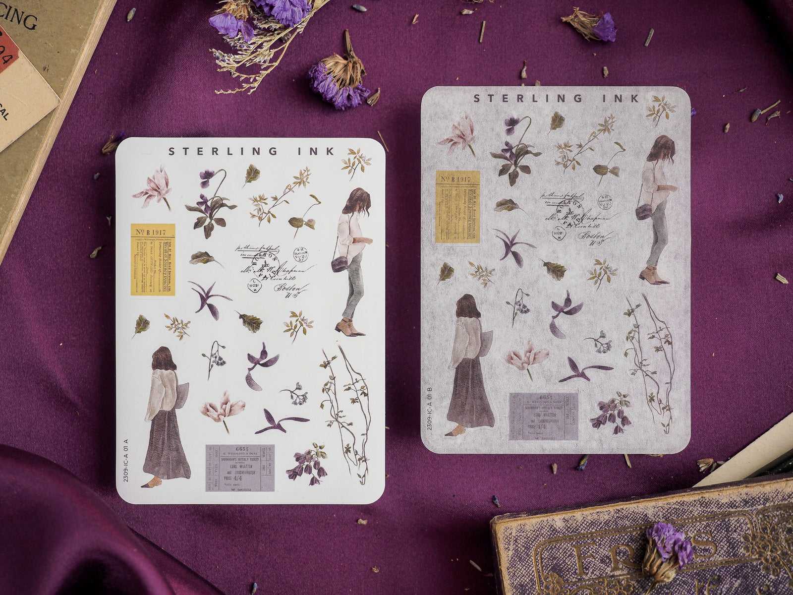 Vintage-themed sticker sheets featuring botanical illustrations, delicate flora, and antique sketches of human figures, arranged in muted, natural tones.