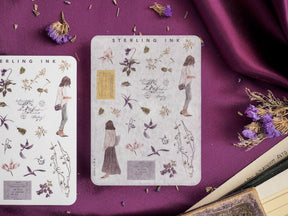 Vintage mini elements icon stickers featuring botanical drawings, antique text snippets, and delicate figures on pale beige sticker sheets.