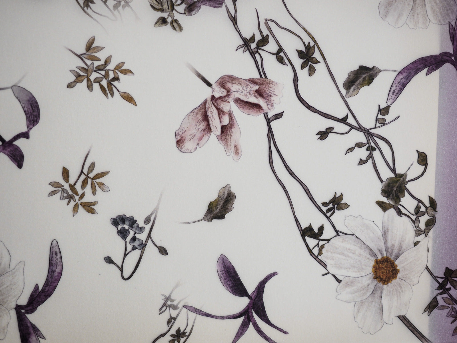 Captivating vintage botanical pattern featuring muted purples, creamy florals, and delicate branches in a seasonal, autumnal September design.