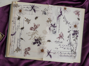 Vintage botanical planner pages featuring cream-toned paper, structured lines, and delicate, hand-drawn pressed floral sketches.