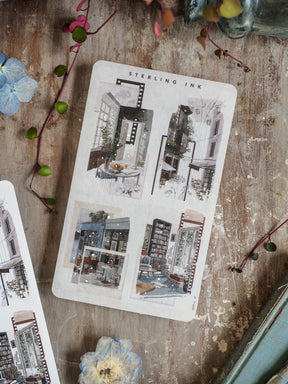 Vintage collage stickers featuring monochrome architectural sketches of detailed urban storefronts and intricate city street scenes.