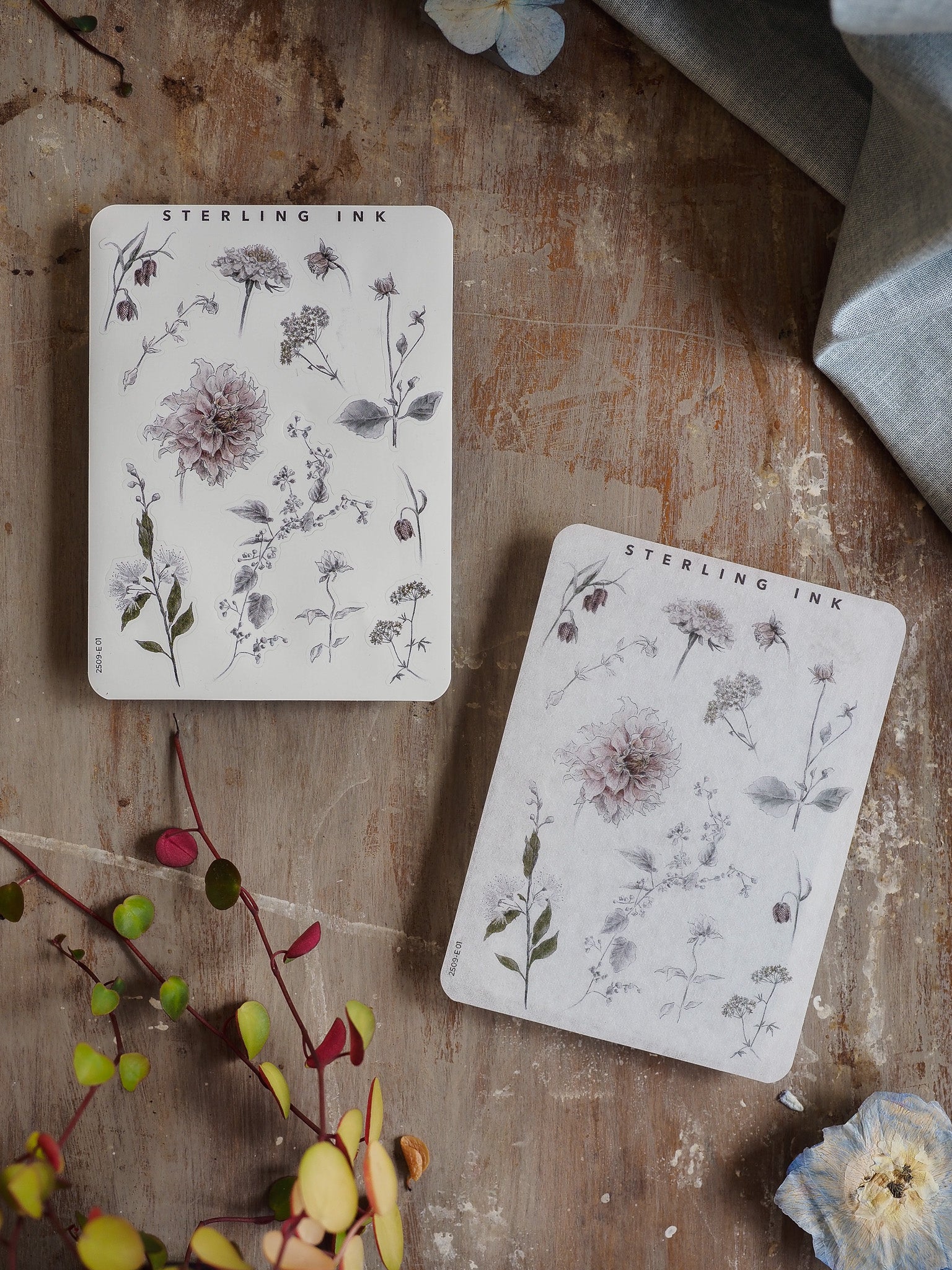 Botanical elements sticker sheet displaying delicate black and grey illustrations of wildflowers, foliage, and herbs with the "STEARLING INK" branding.