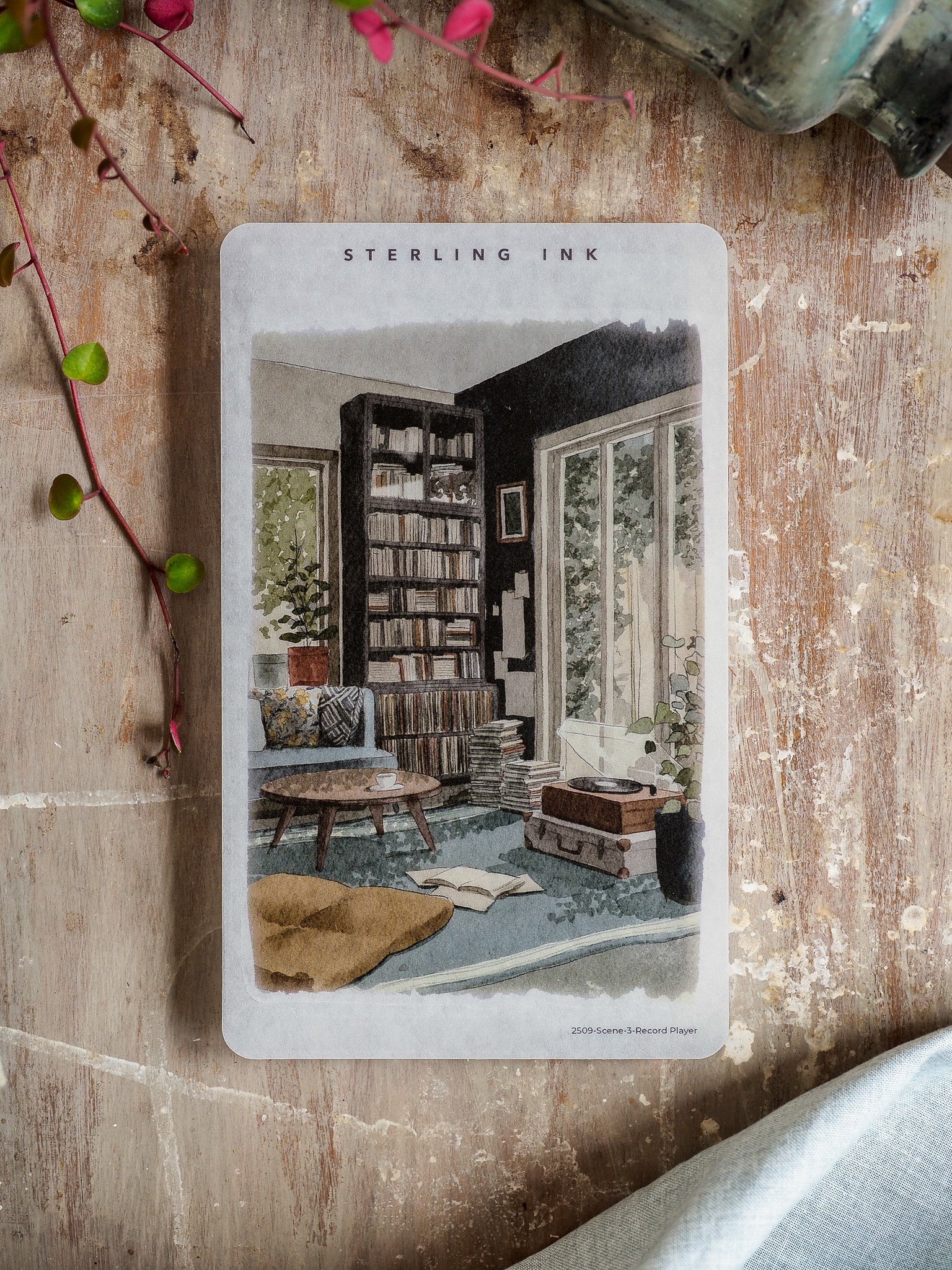 Sepia-toned illustration of a cozy vintage library scene, featuring floor-to-ceiling bookshelves, a classic record player, and antique furniture.