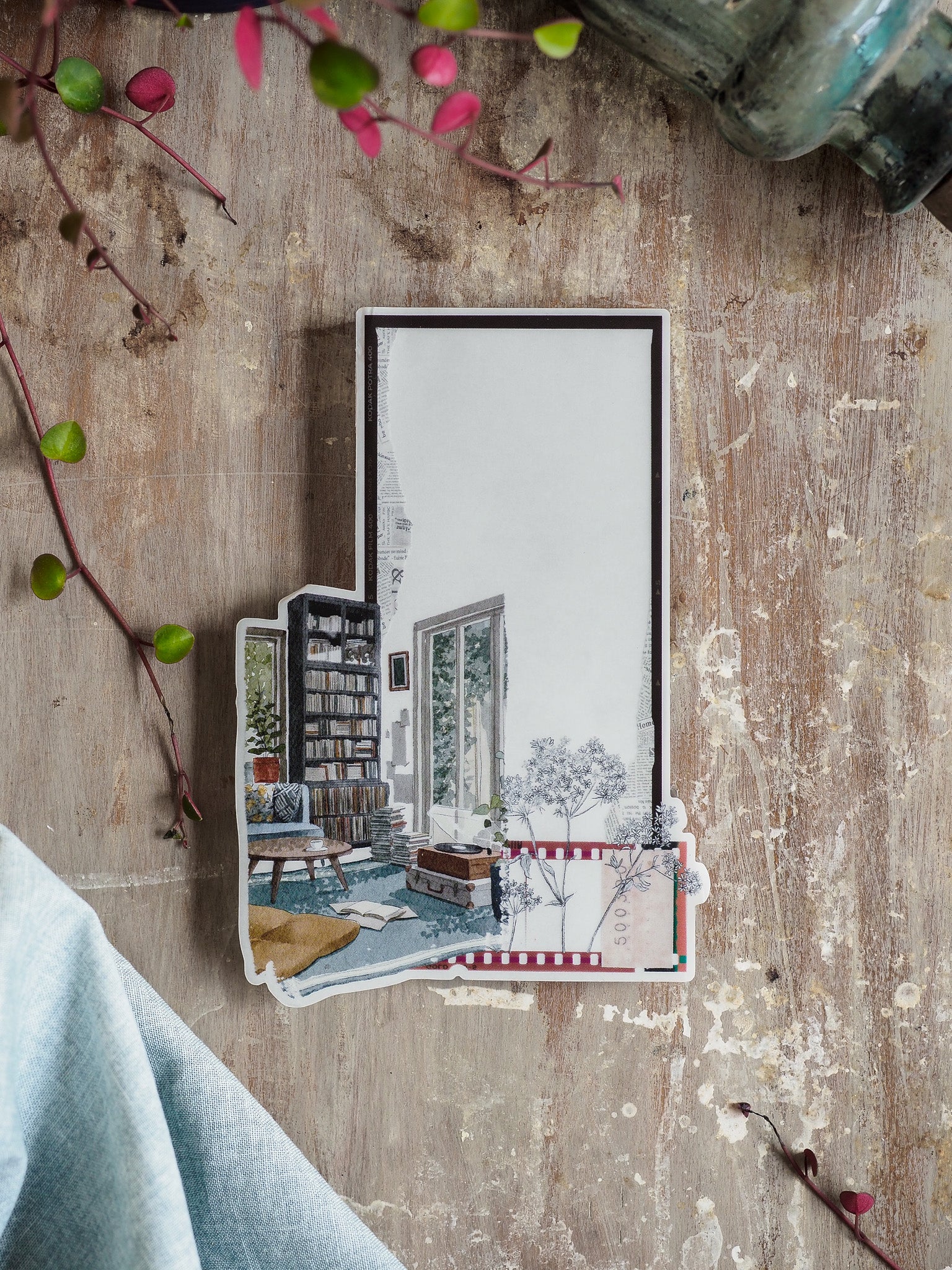 Decorative sticker art depicting a cozy, nostalgic indoor scene with stacked books, potted plants, and a serene view through an architectural window.