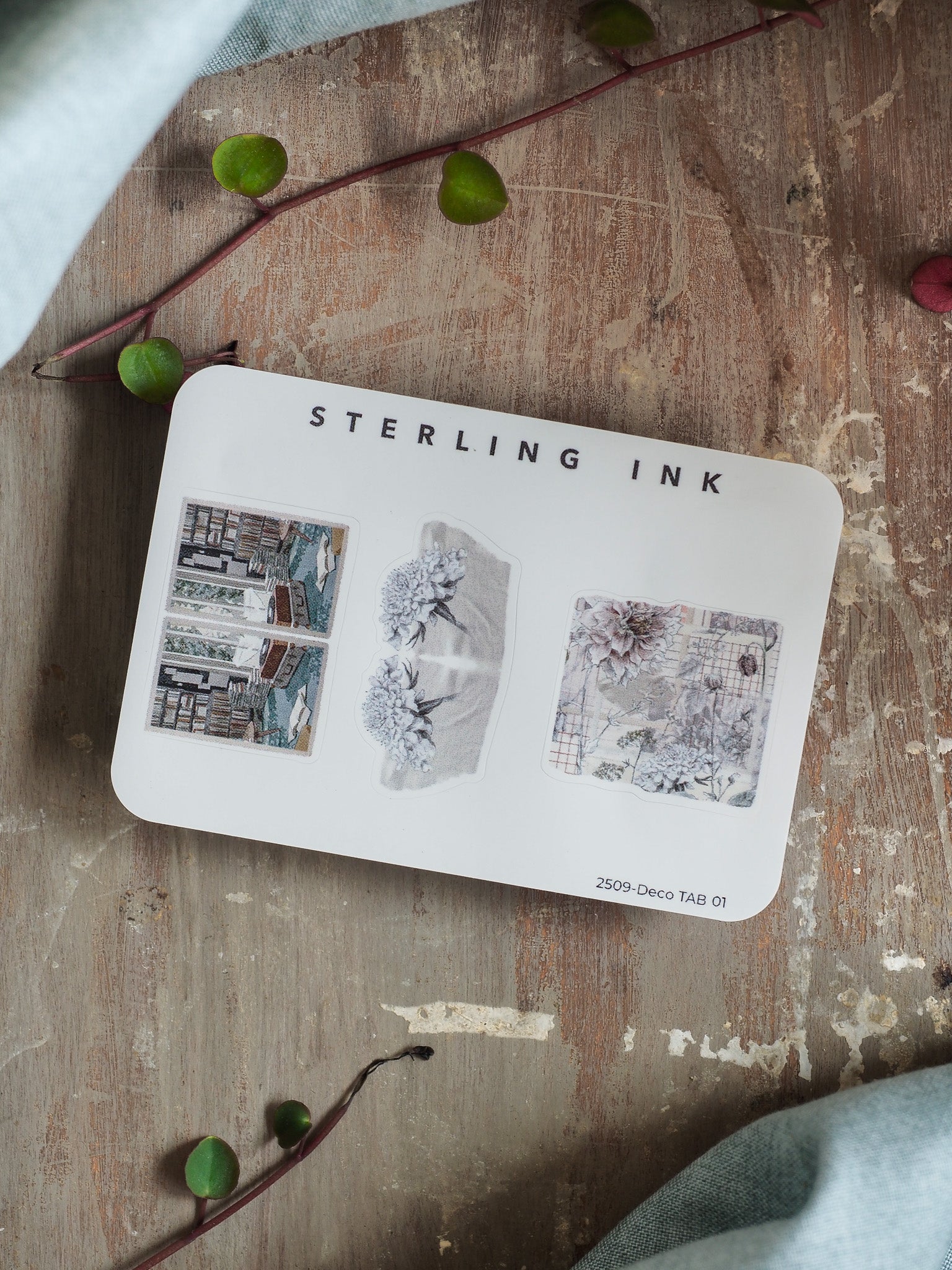 Decorative Deco Tabs for September 2025 featuring soft, seasonal patterns like pale floral bouquets and vintage blue architectural collages for planners.