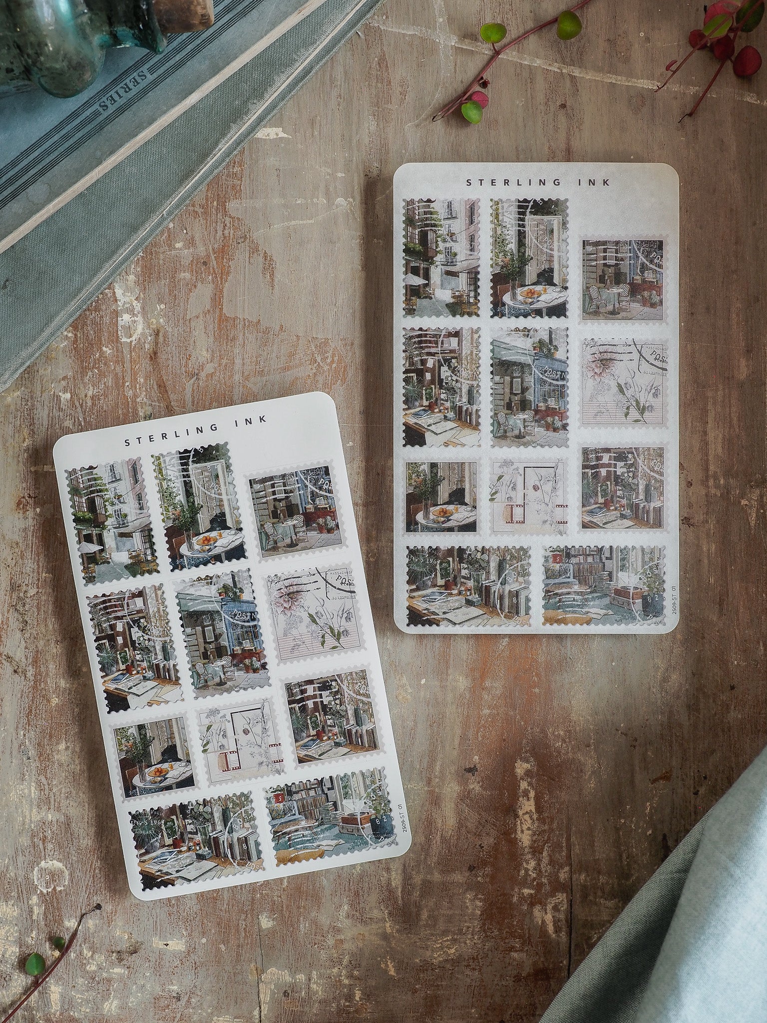 Vintage architectural stamps sticker sheet featuring a grid arrangement of detailed, charming stickers depicting colorful urban street scenes and city storefronts.
