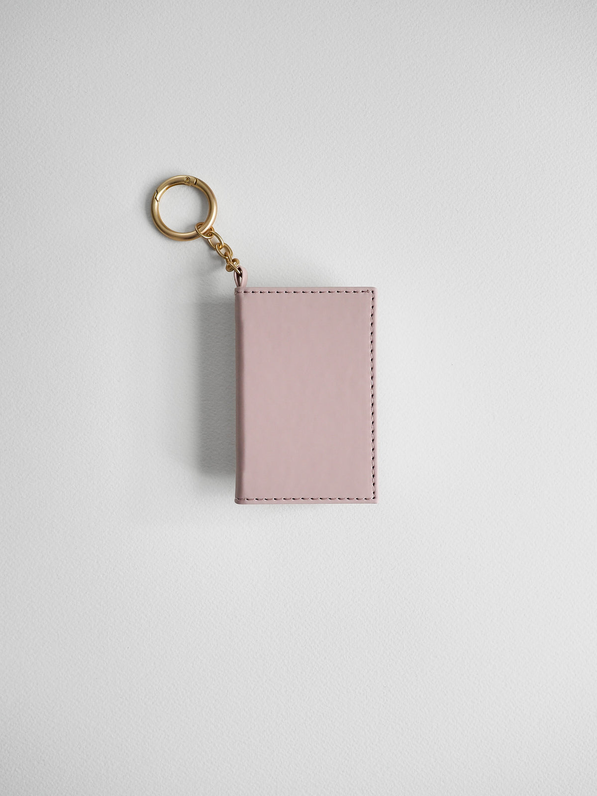 A minimalist rectangular card holder or passport cover in light pink leather with gold-tone metal hardware, shown on a clean light gray background.
#Color_Fairyfloss