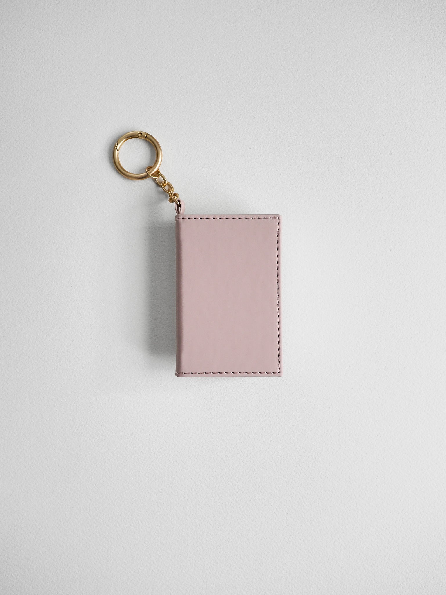 A minimalist rectangular card holder or passport cover in light pink leather with gold-tone metal hardware, shown on a clean light gray background.
#Color_Fairyfloss