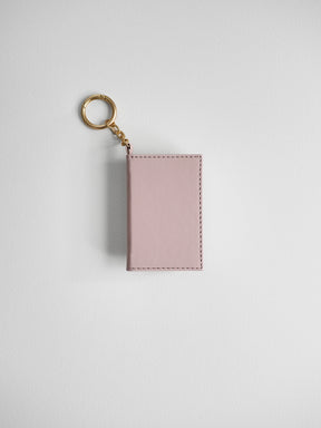A minimalist rectangular card holder or passport cover in light pink leather with gold-tone metal hardware, shown on a clean light gray background.
#Color_Fairyfloss