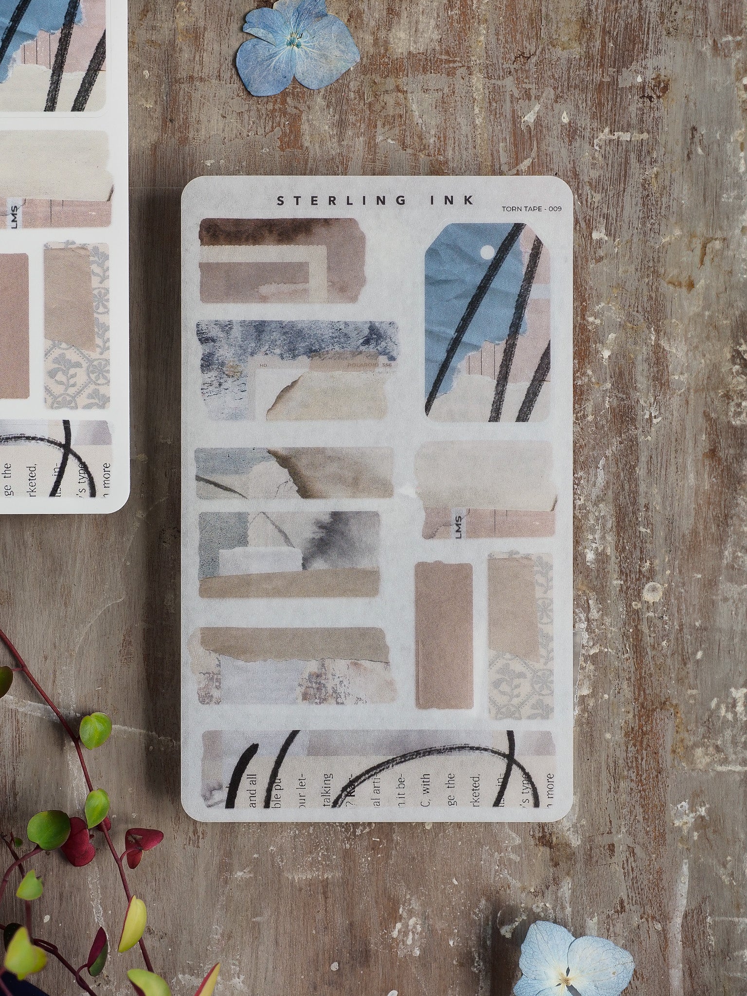 September themed set of torn tape stickers displaying muted scrapbook patterns, abstract stripes, and neutral distressed paper elements for decorating.