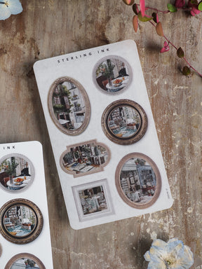 Vintage sepia-toned picture frame stickers depicting detailed, nostalgic urban street views and architectural photos for scrapbooking.
