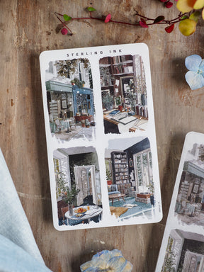 Collection of large, detailed stickers illustrating charming Parisian street scenes, featuring vintage architecture, cozy cafes, and ornate storefront details.