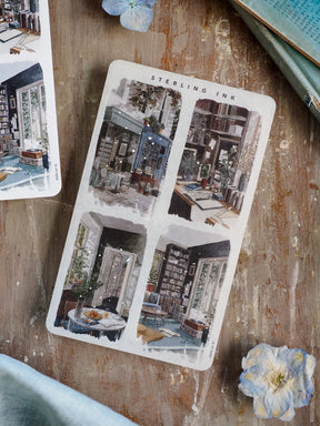 Large illustration sticker sheet featuring detailed, cozy, and vintage architectural scenes of storefronts, interiors, and domestic vignettes.