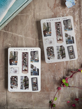 Set of mini icon stickers featuring detailed black-and-white sketches of quaint European architecture, city streets, and urban building elements for decorative journaling.