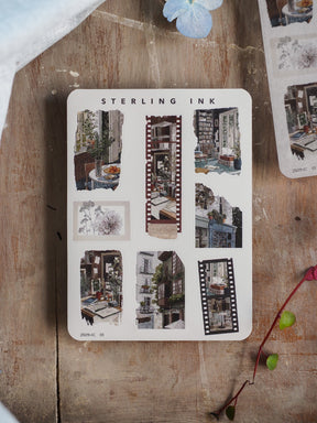 Mini Elements Icon Stickers featuring charming black-and-white vintage line art illustrations of European architecture and Parisian building details.