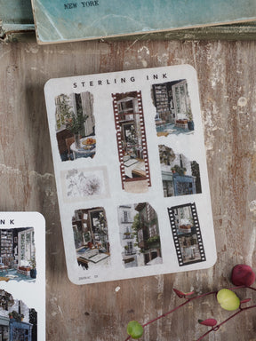 Mini sticker sheet featuring vintage black and white architectural icons of cityscapes, detailed building facades, and urban elements for crafting.