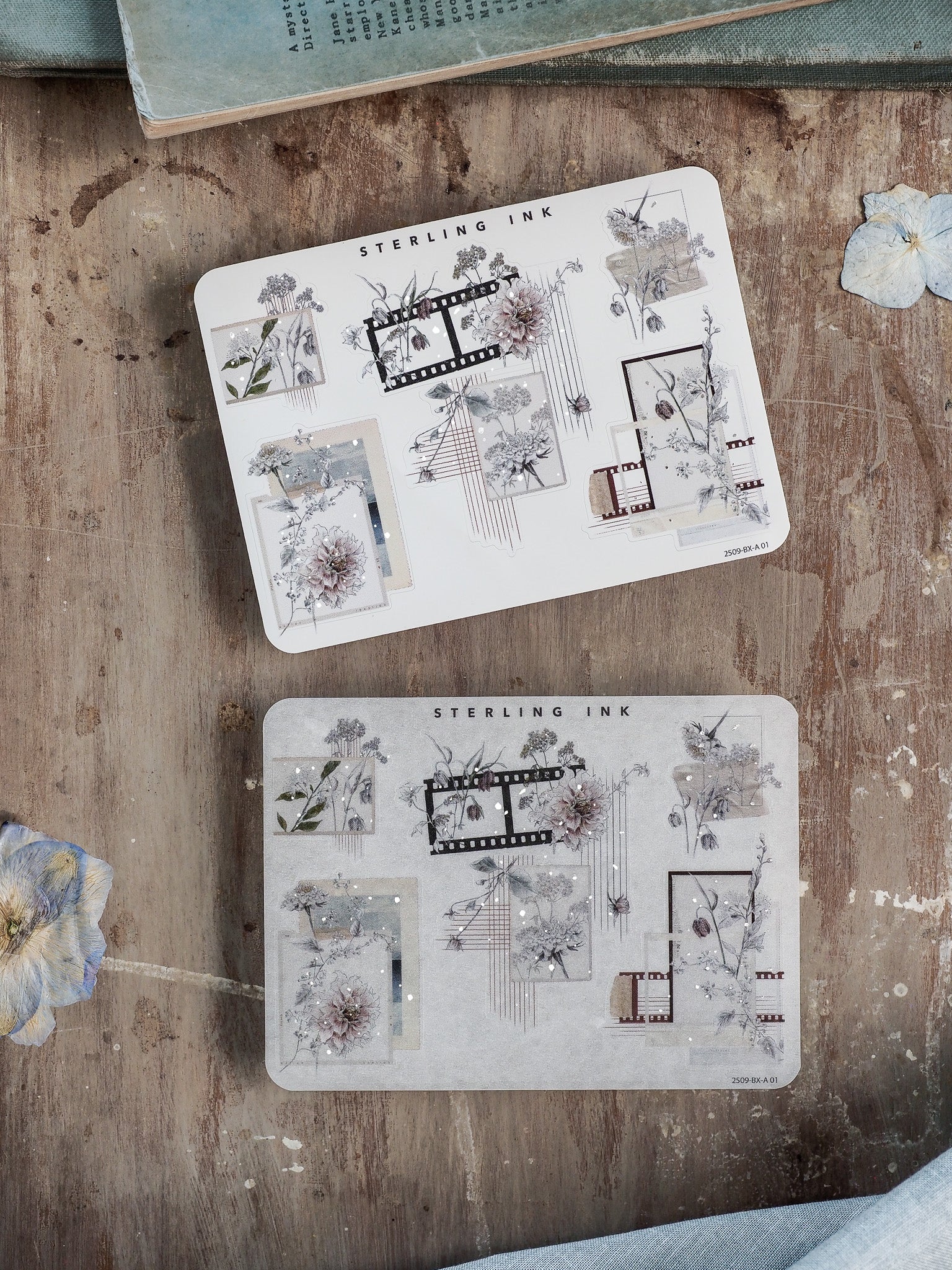 Delicate journaling sticker sheet with silver foil accents, showcasing various architectural corner and edge frames for planners and scrapbooking.