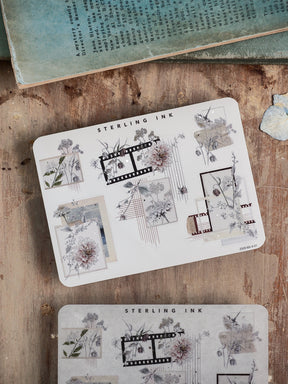 Botanical sticker set featuring delicate, muted floral illustrations, decorative corner accents, and vintage film strips perfect for journaling and scrapbooking.