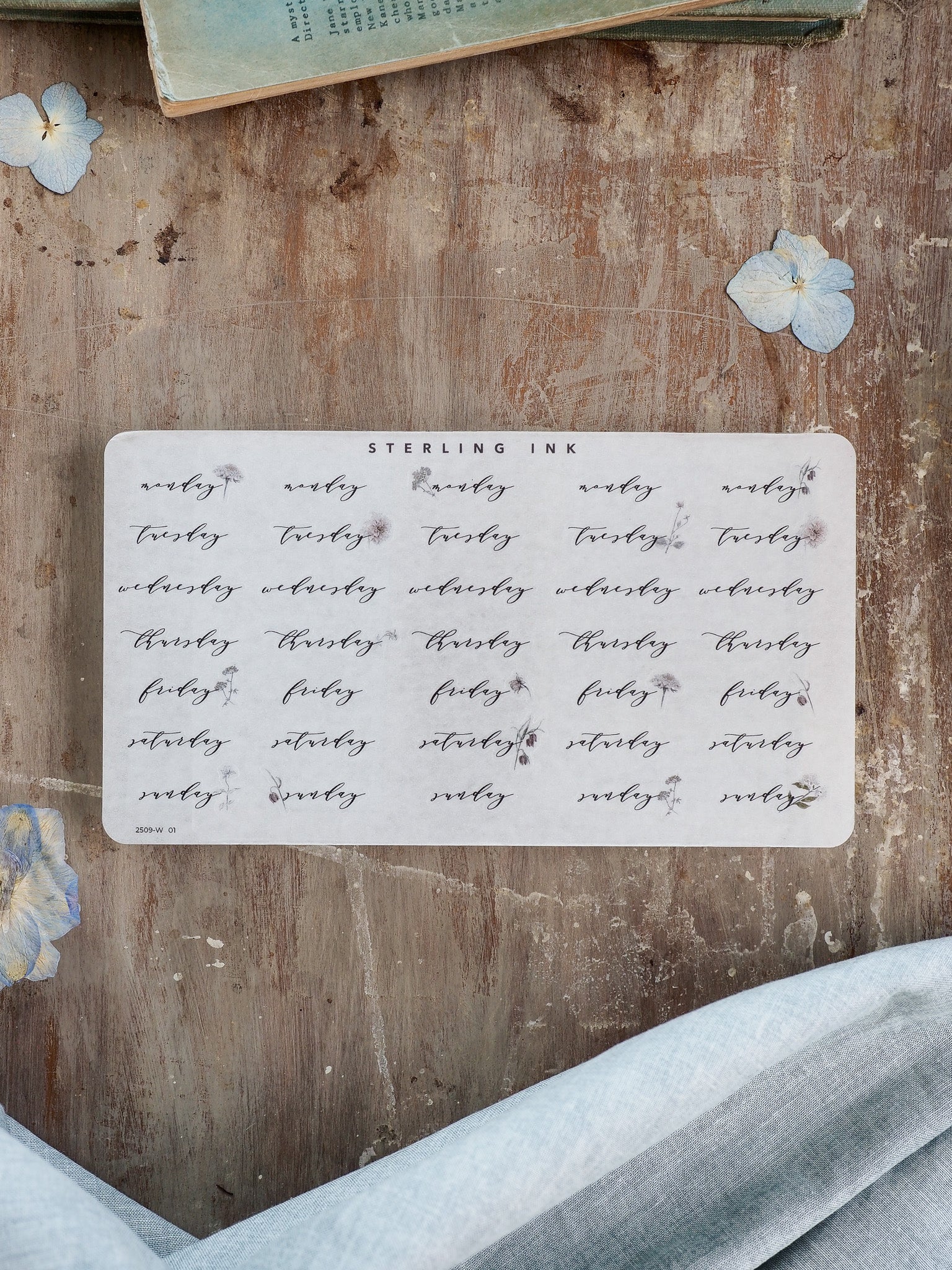 Minimalist set of September 2025 sticker sheets featuring stylized calendar dates and weekdays printed in elegant black ink for journaling and planning.