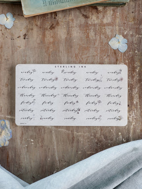 Minimalist set of September 2025 sticker sheets featuring stylized calendar dates and weekdays printed in elegant black ink for journaling and planning.