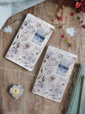 Vintage sticker strip featuring muted watercolor florals, delicate peonies, and antique botanical line art perfect for September planning.