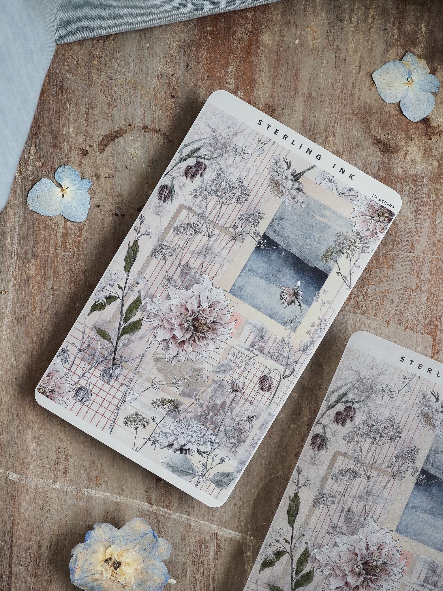 Thin strip stickers featuring an intricate vintage botanical design with detailed watercolors of peonies, foliage, and floral elements.