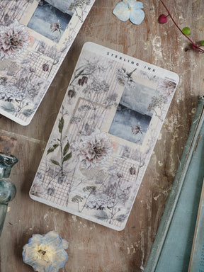 Thin strip stickers for September 2025, showcasing lush, muted botanical illustrations, including peonies and a decorative grid overlay for journaling.