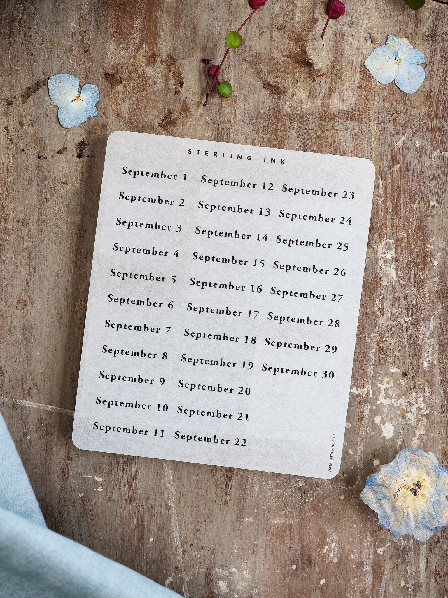 A white sticker sheet featuring a clean, organized September 2025 calendar grid printed with elegant black lettering, ideal for themed journaling and date planning.