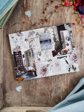 Vintage planner layout featuring a delicate September aesthetic, blending soft pink floral elements, rustic doorways, and warm autumn accents.