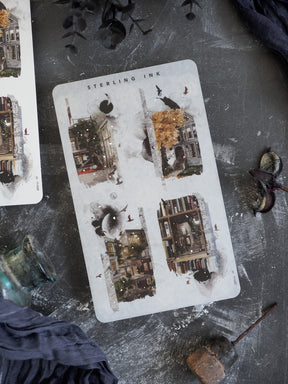 Collage sticker sheet featuring four panels of moody autumn cityscapes and detailed urban architecture with seasonal foliage and subtle silver foil accents.