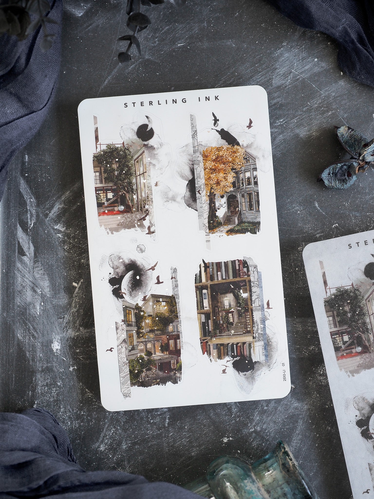 A sheet of collage stickers themed for October, showcasing distressed autumn architecture, falling leaves, and black bird silhouettes.