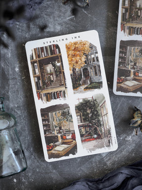 Vibrant, large illustration stickers featuring an October autumnal theme with detailed scenes of cozy libraries, historic architecture, and fall foliage.