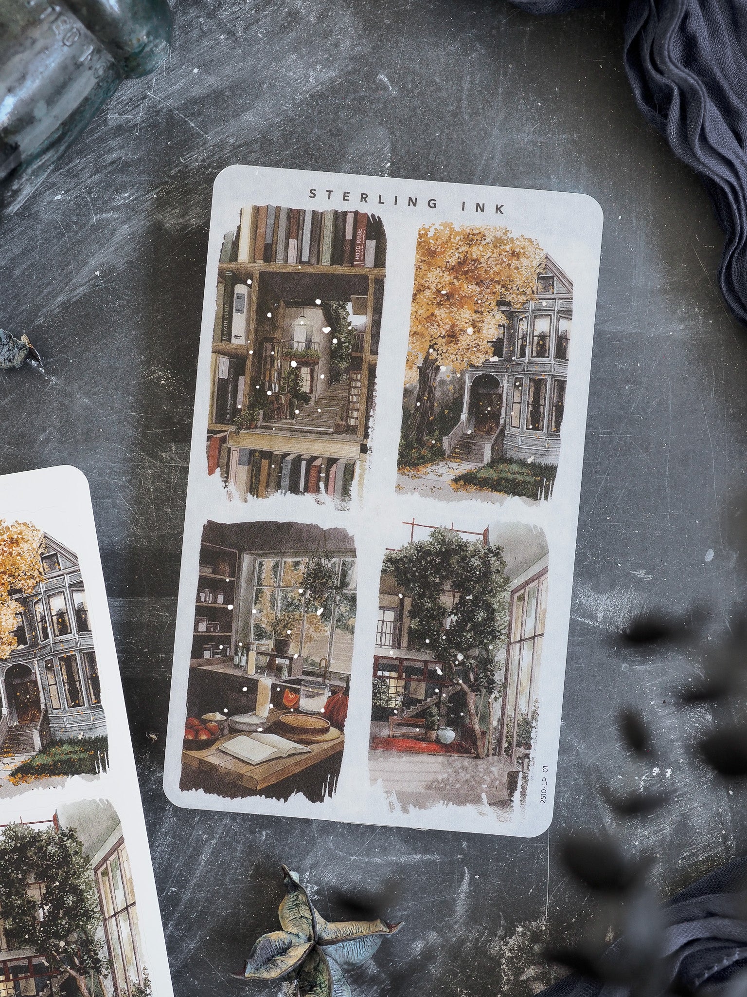 Large illustration stickers showcasing rich, autumnal scenes, including vintage gothic houses and cozy, atmospheric library interiors for October 2025.