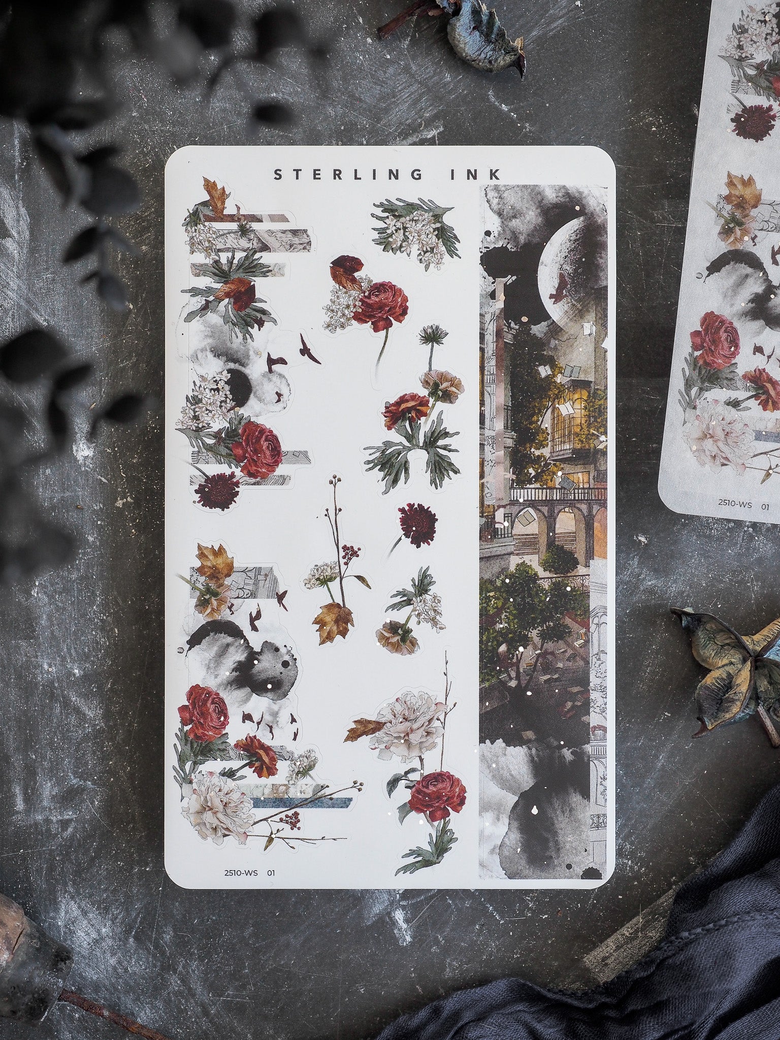 Autumnal washi sticker sheet featuring watercolor bouquets, falling leaves, and dramatic architectural elements in deep autumnal reds, gold, and burgundy tones.