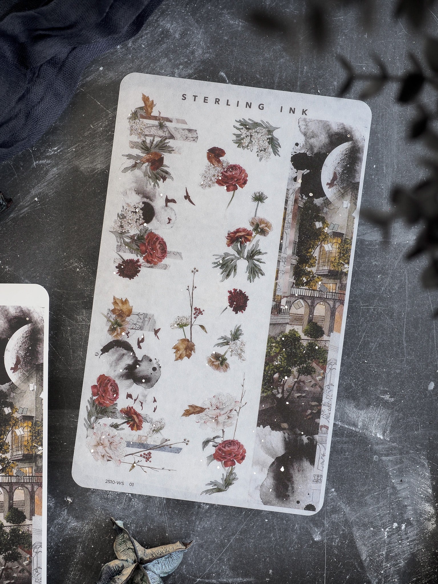 Moody autumn washi sticker sheet for October, featuring gothic botanical illustrations of deep red roses, skulls, and decaying cityscape elements.