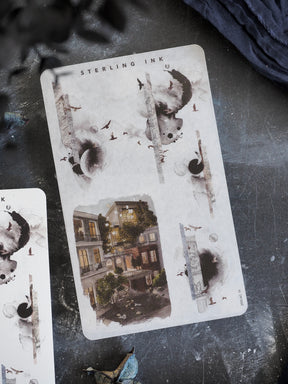 Sepia-toned sticker sheet with an autumn arrangement theme, featuring vintage European architecture and silhouettes of birds for October 2025 journaling.