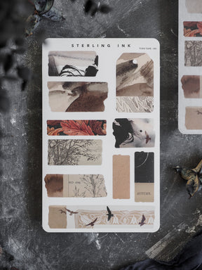 Detailed collection of autumnal torn tape stickers featuring fall foliage, red oak branches, and seasonal nature designs perfect for scrapbooking projects.