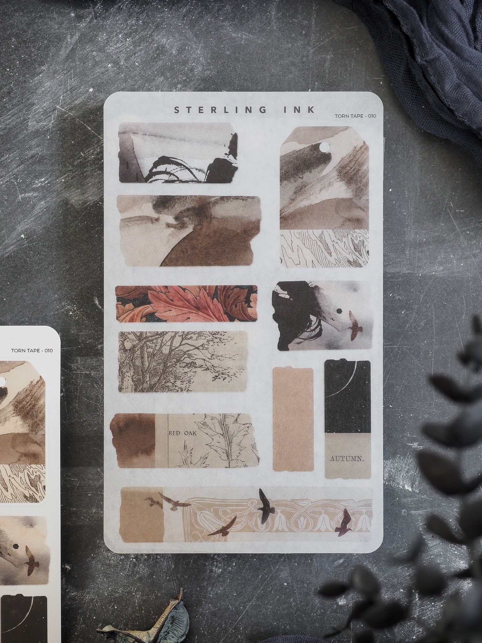 Rustic autumn sticker tape set featuring sepia-toned designs of falling leaves, red oak motifs, and seasonal nature elements perfect for fall journaling.