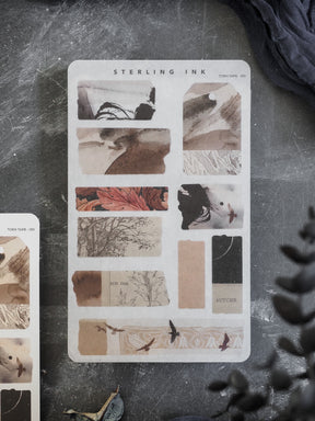 Rustic autumn sticker tape set featuring sepia-toned designs of falling leaves, red oak motifs, and seasonal nature elements perfect for fall journaling.