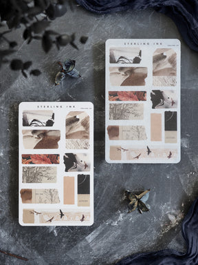 A decorative sticker sheet themed for autumn, featuring collages of red oak leaves, rustic foliage, and distressed natural paper textures for seasonal journaling.